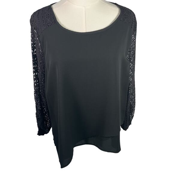 Skies Are Blue Black Blouse XLP Lace Crochet Sleeve Back Detail Classic Career‎ - Picture 1 of 14